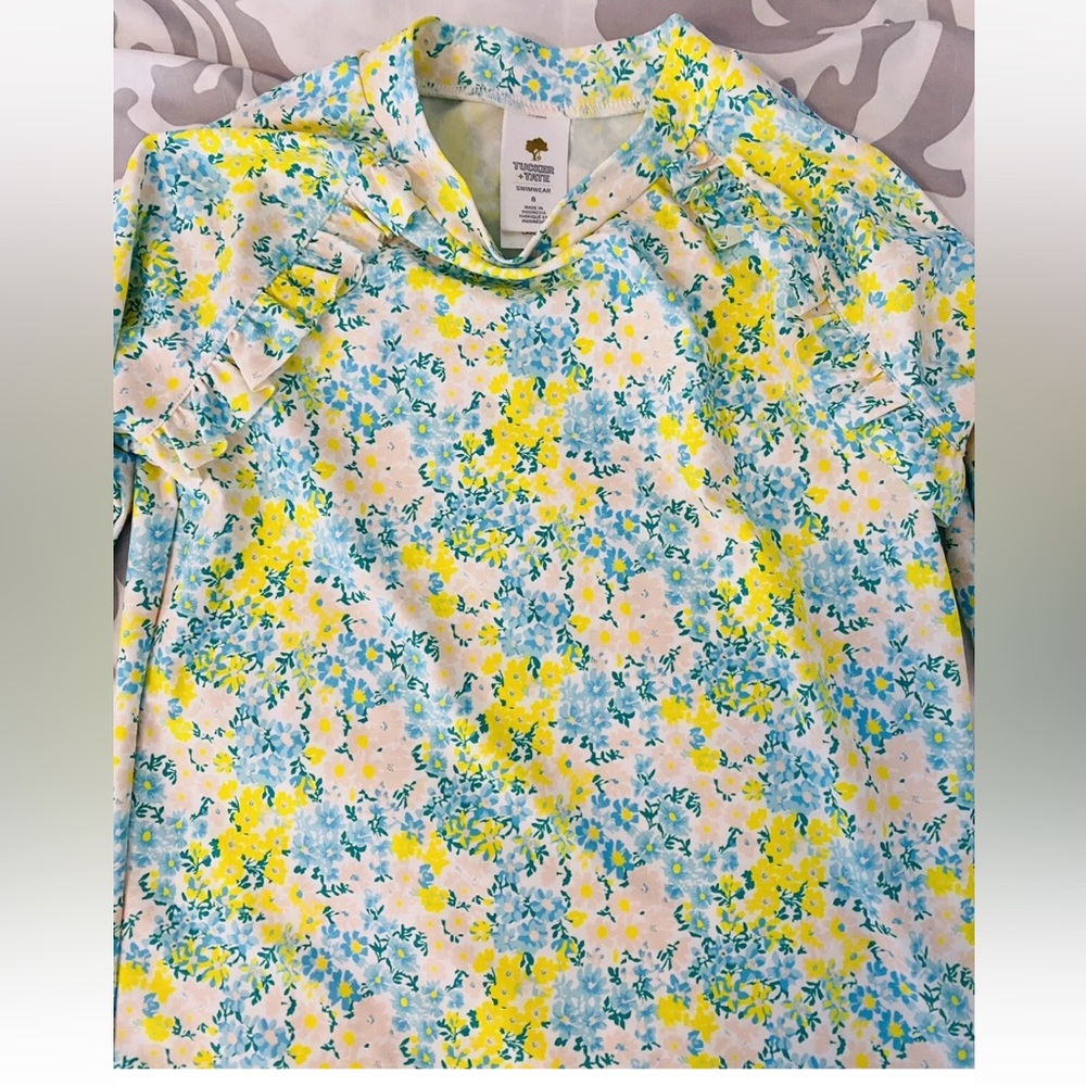 Tucker + Tate Girl’s Yellow Blue Floral Swim Longsleeve Rashguard 8 - Picture 3 of 5